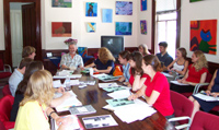 [Students of Ukrainian literature course in the Institute's Seminar Room rethinking the canon with Professor George Grabowicz ]